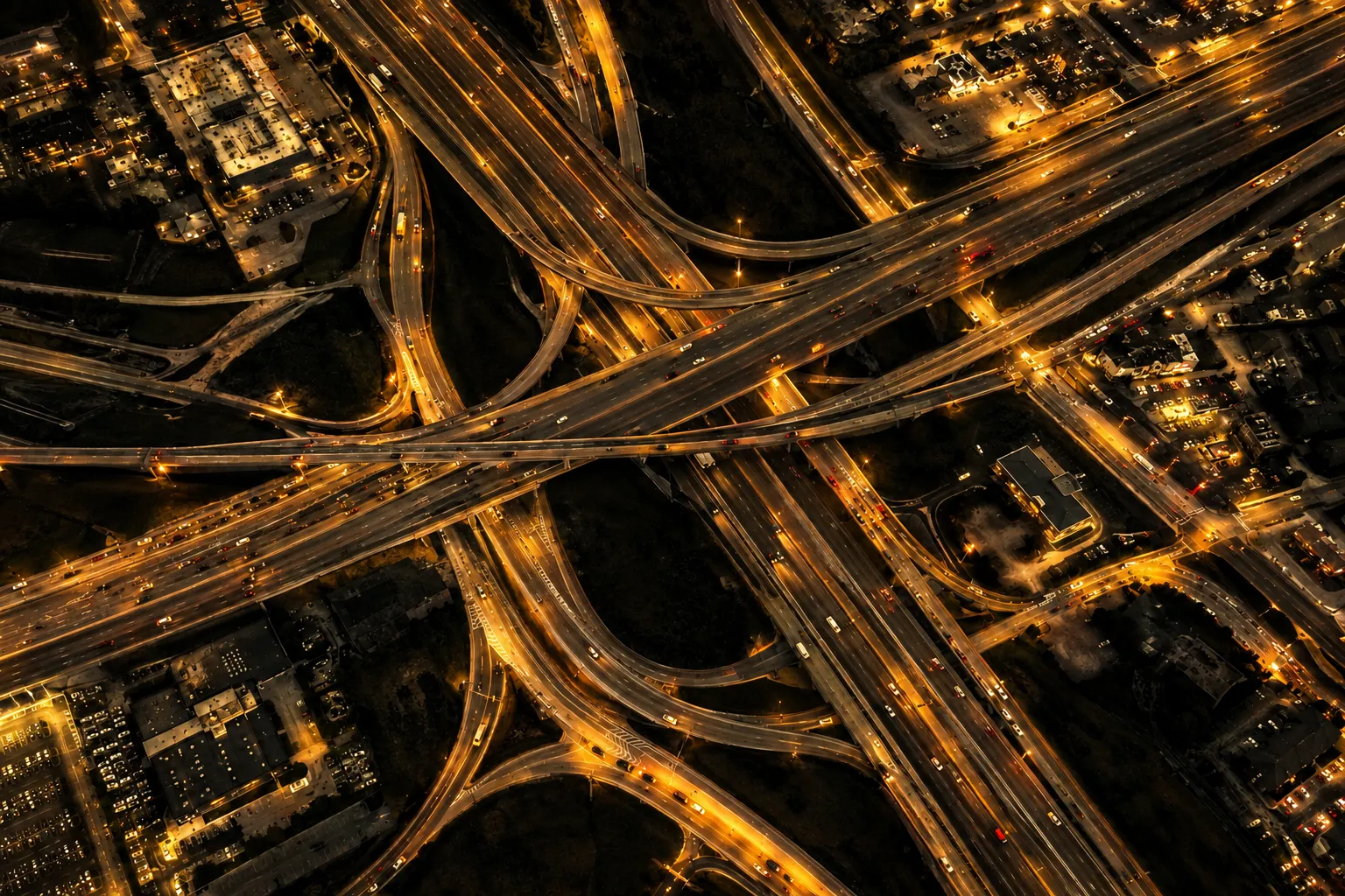 Aerial view of a Texas highway interchange at night